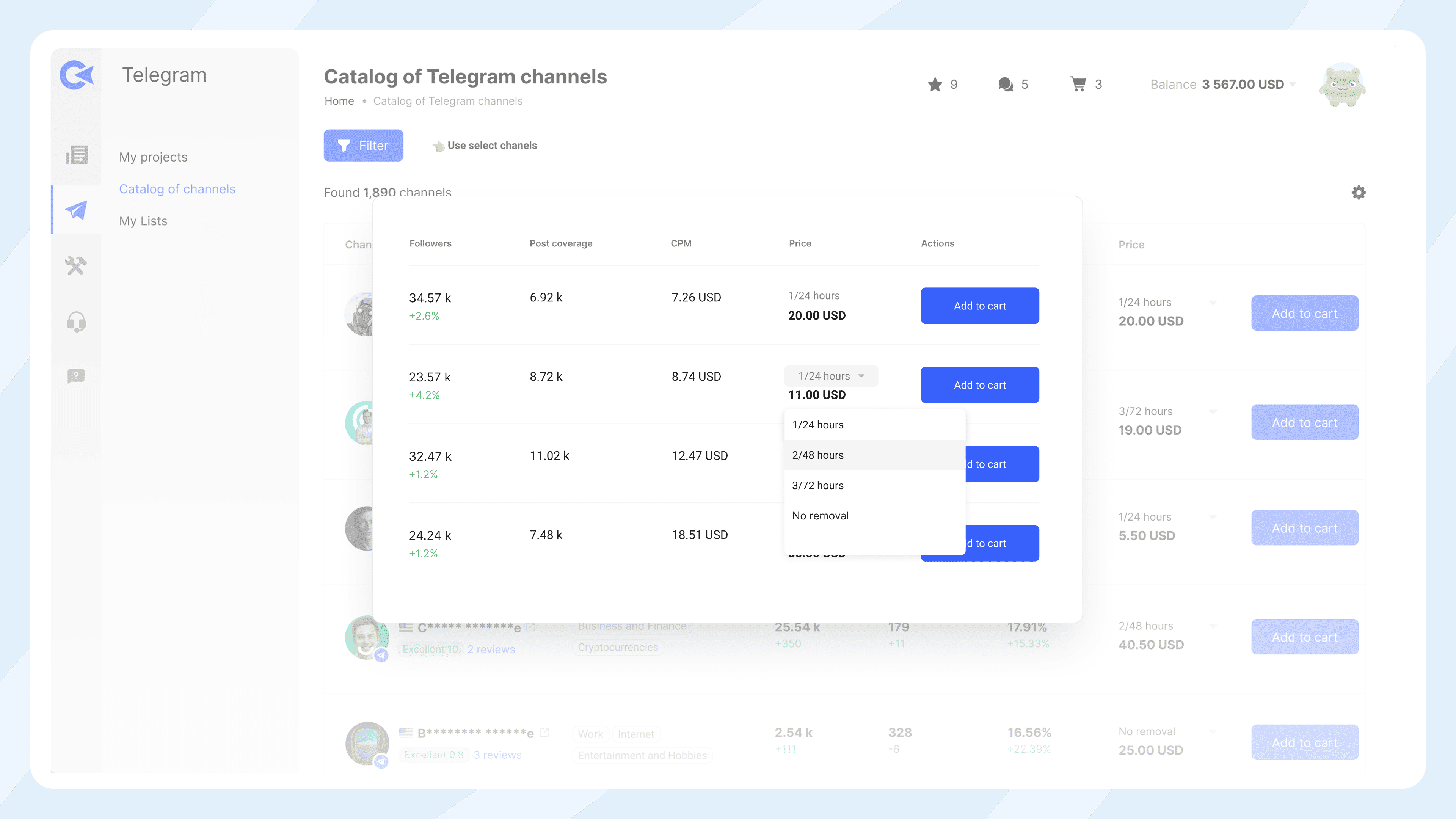 Маркетплейс каналов Collaborator в Telegram, показывающий цены для разных форматов размещения с количеством подписчиков, метриками охвата постов и ставками CPM.
